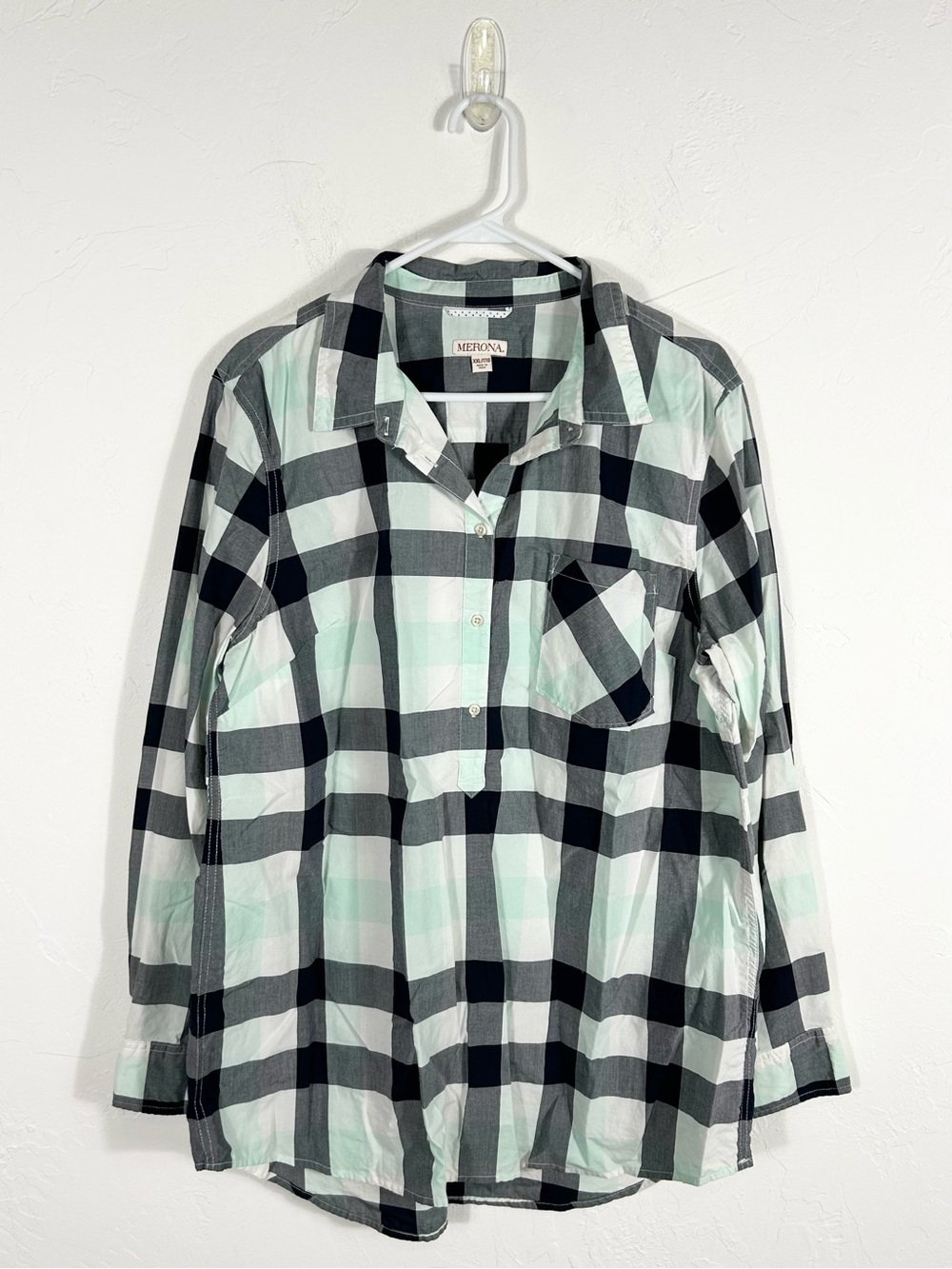 Merona Mint Black White Plaid Check Button Up Popover Tunic Shirt Top XXL